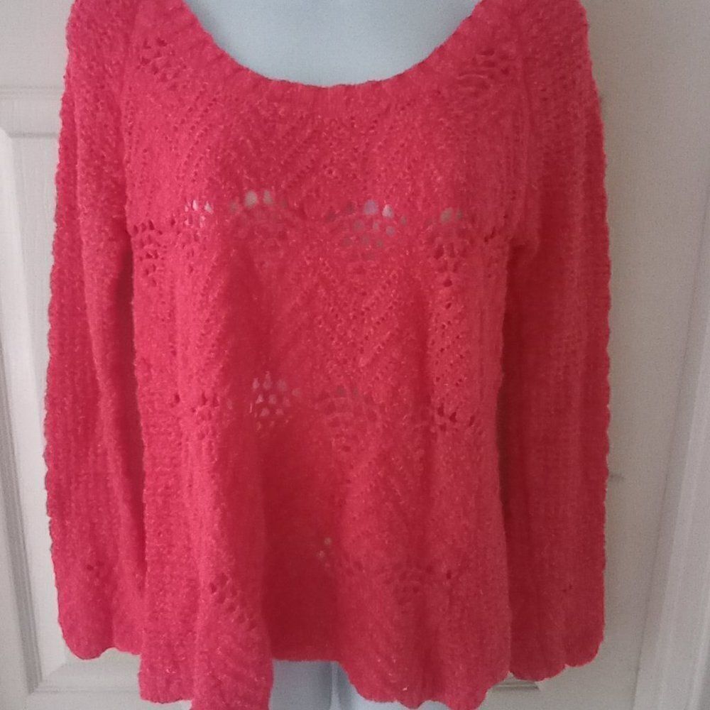 XL Lucky Brand Bright Coral Loose Knit Crewneck Cotton Crochet Cottage Sweater